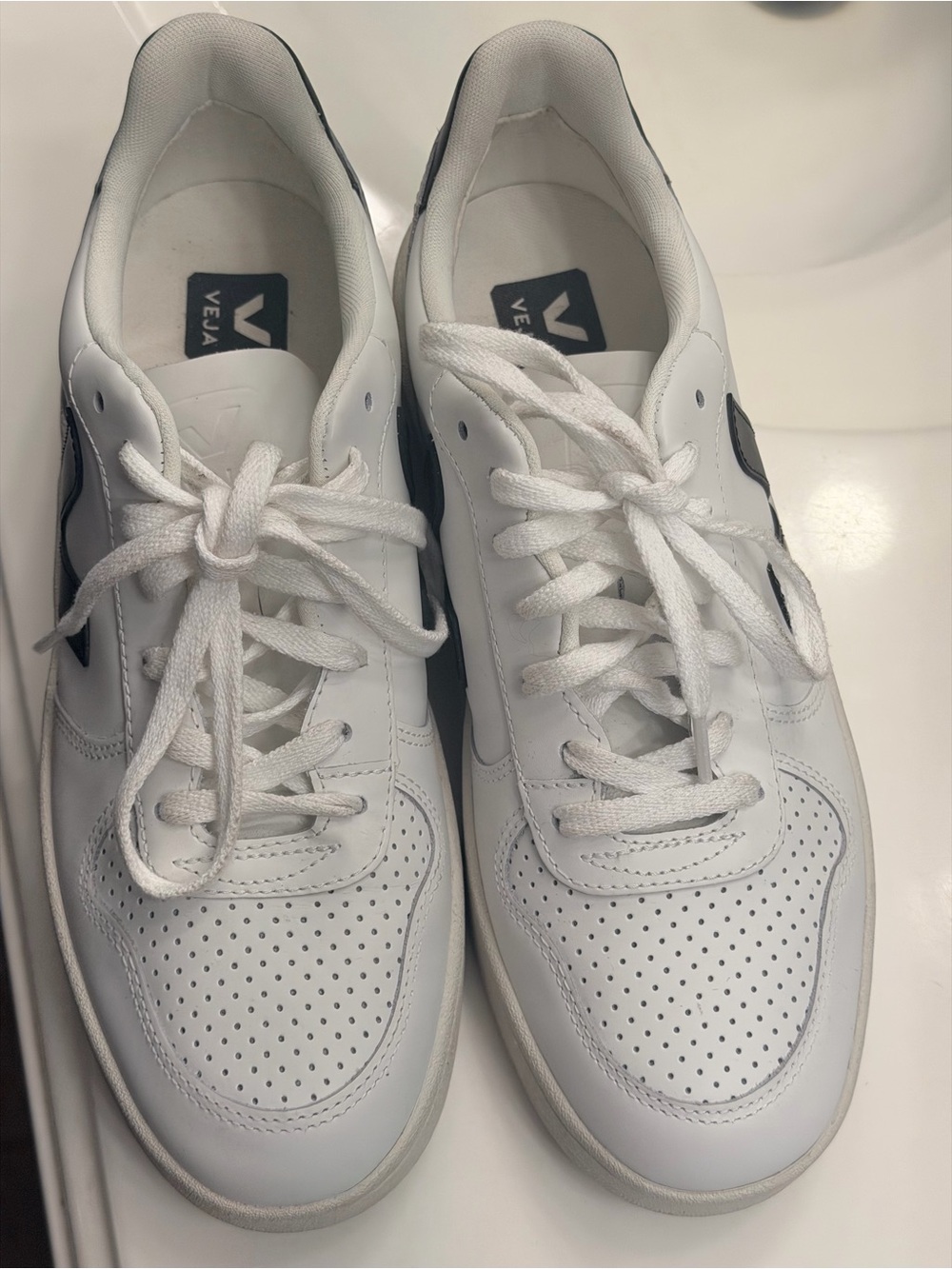 Veja V-10 Women’s White Leather Sneakers with Black V Accent